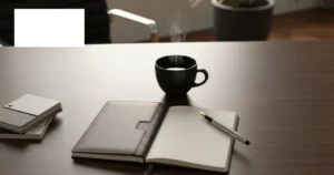 Escritório organizado com caderno e caneta, simbolizando planejamento de conteúdo estratégico.