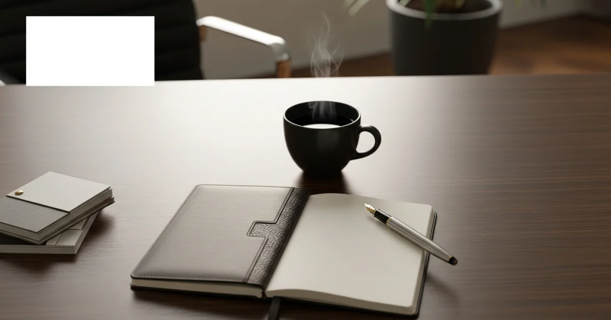 Escritório organizado com caderno e caneta, simbolizando planejamento de conteúdo estratégico.