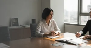 Ambiente de escritório moderno e minimalista com um laptop sobre uma mesa de madeira, focando em um espaço de trabalho organizado e profissional.