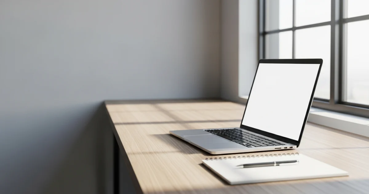 Mesa de escritório moderna e minimalista com luz natural, representando um ambiente de trabalho estratégico e organizado.