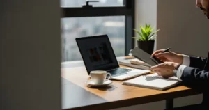 Mesa de escritório organizada com notebook e café, representando um ambiente de trabalho estratégico e profissional.