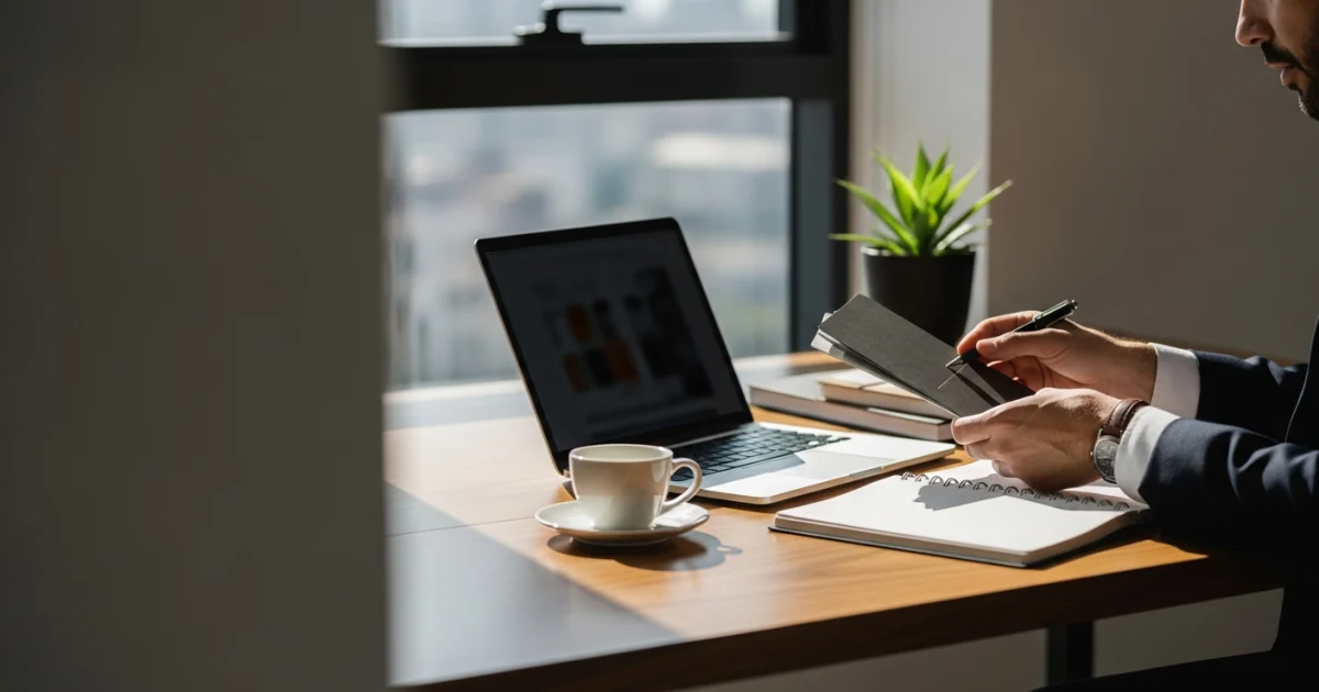 Mesa de escritório organizada com notebook e café, representando um ambiente de trabalho estratégico e profissional.