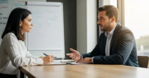 Duas pessoas em ambiente de escritório profissional conversando seriamente sobre estratégia de negócios.