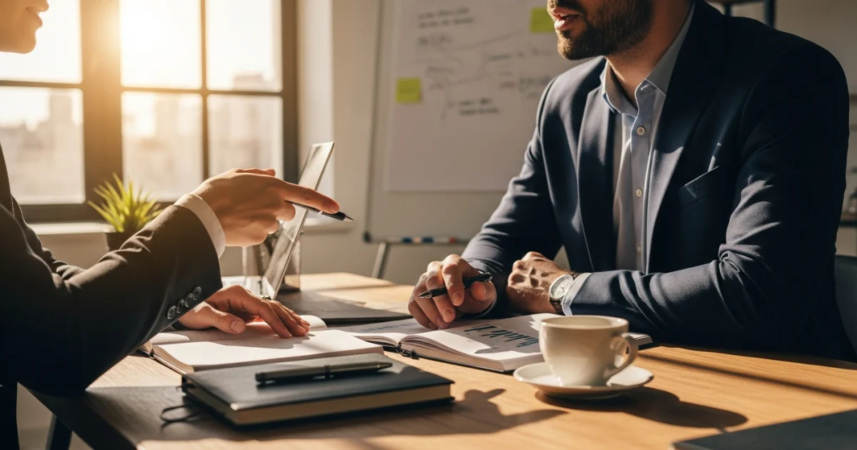 Mesa de escritório organizada com notebook e materiais de trabalho, representando planejamento estratégico de marketing.