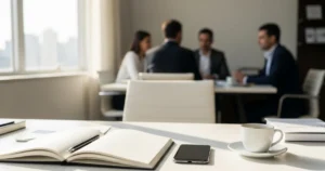 Mesa de escritório moderna e organizada com notebook e café, representando um ambiente de trabalho profissional e estratégico.