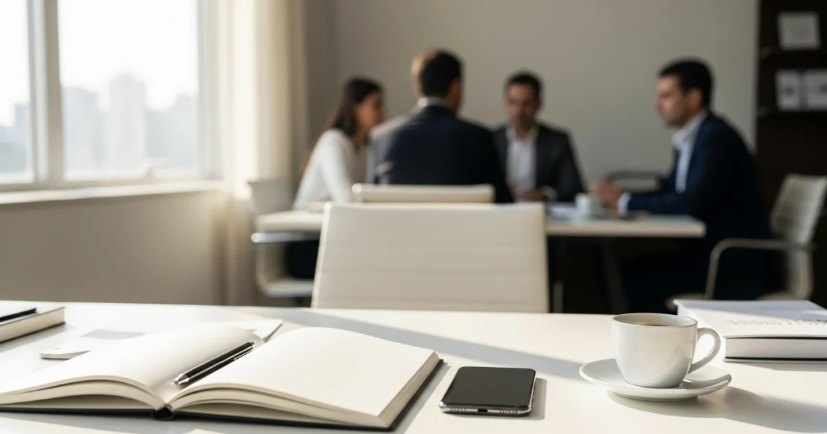 Mesa de escritório moderna e organizada com notebook e café, representando um ambiente de trabalho profissional e estratégico.