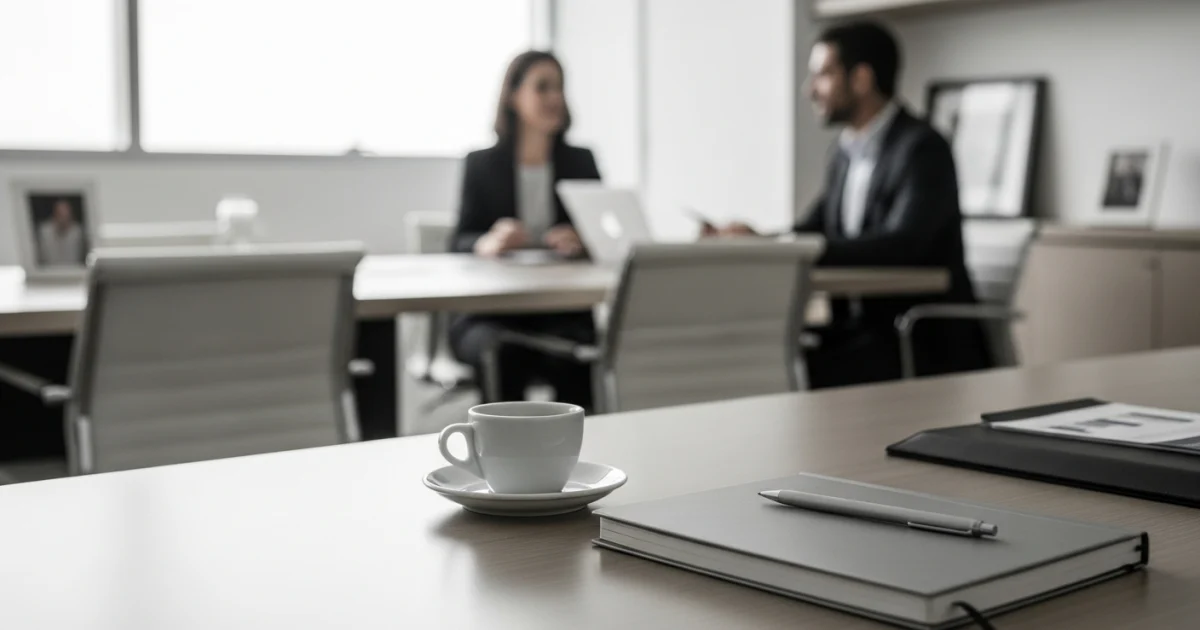 Mesa de escritório organizada com notebook e materiais de trabalho representando planejamento de presença digital.