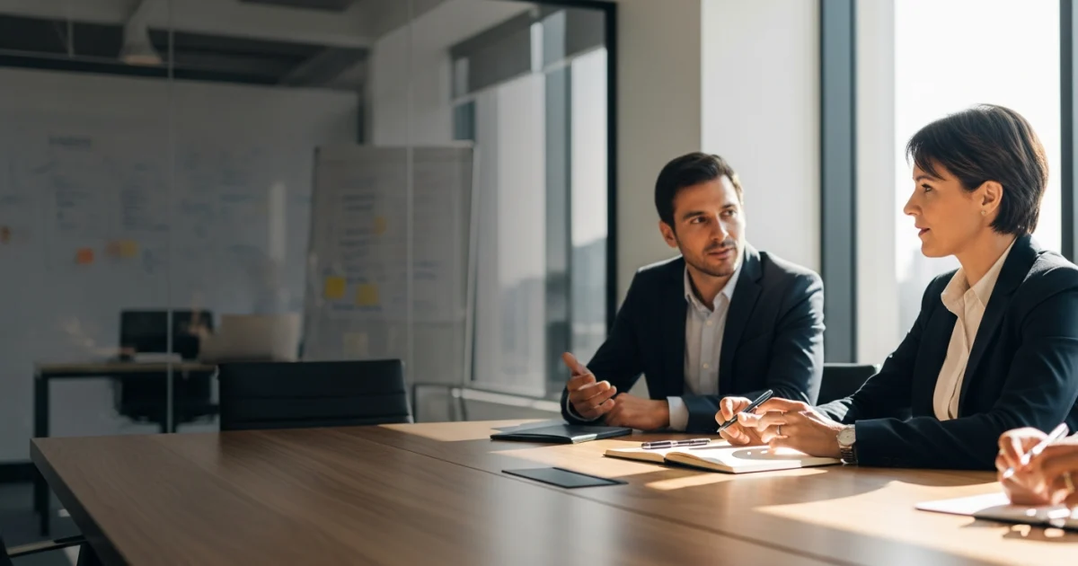 Ambiente de escritório profissional e moderno com mesa de reunião, transmitindo seriedade e foco em negócios.