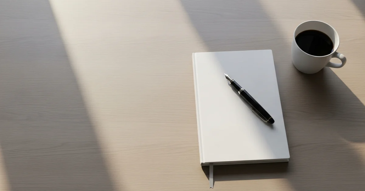 Mesa de escritório organizada com materiais de trabalho, representando clareza e organização estratégica.