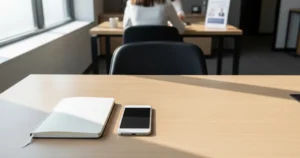 Mesa de escritório organizada com notebook e smartphone, representando análise de dados de performance de sites.