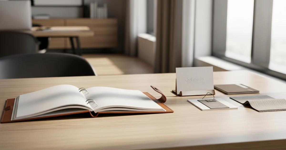 Mesa de escritório organizada com laptop e caderno em ambiente iluminado e profissional