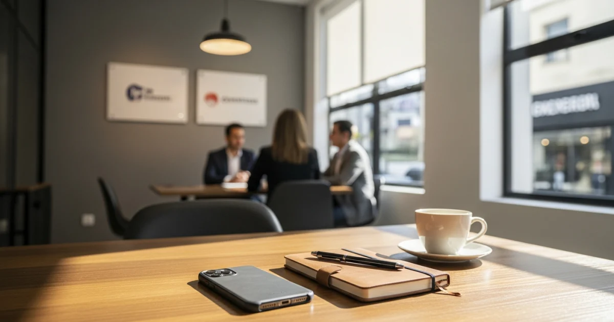 Smartphone em uma mesa de escritório organizada, representando atendimento comercial via WhatsApp.