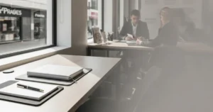 Mesa de escritório moderna e minimalista com notebook e bloco de notas, representando um ambiente de trabalho estratégico.