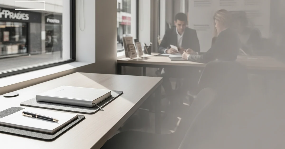 Mesa de escritório moderna e minimalista com notebook e bloco de notas, representando um ambiente de trabalho estratégico.