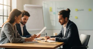 Profissional trabalhando em um escritório moderno e organizado, focando na integração entre tecnologia e atendimento humano.