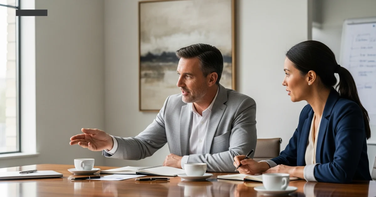 Dois profissionais em uma reunião de trabalho em um escritório moderno, focados em um projeto de alinhamento entre marketing e vendas.