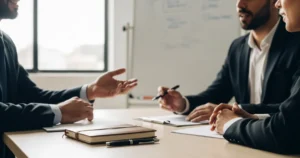 Mesa de escritório organizada com materiais de trabalho, representando uma reunião de negócios focada e profissional.