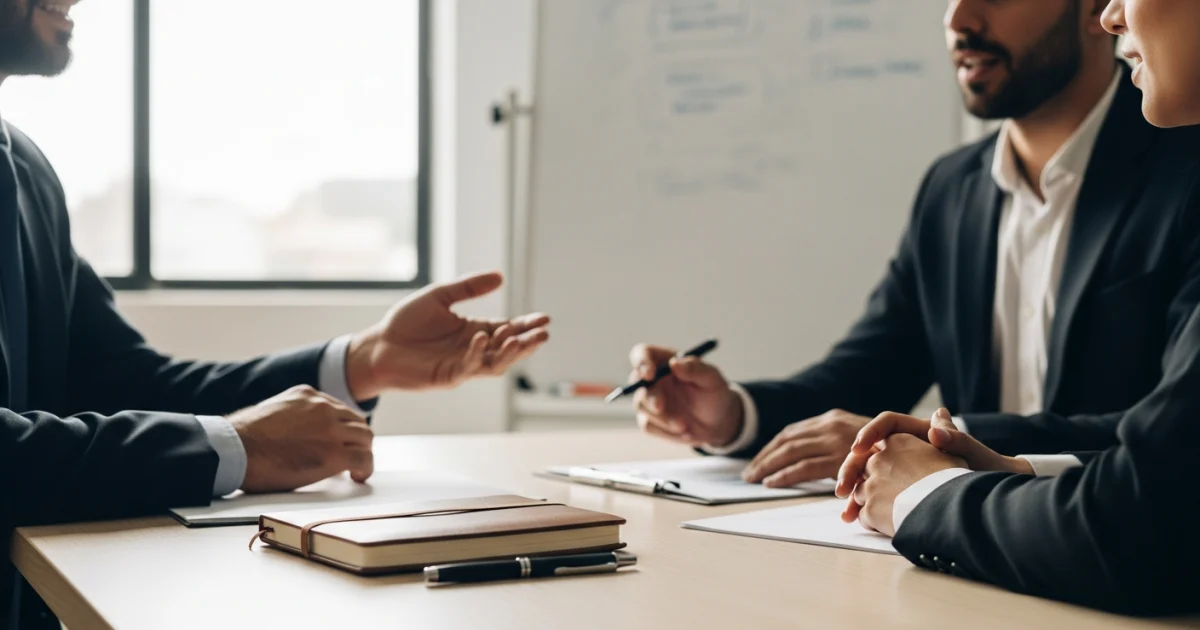 Mesa de escritório organizada com materiais de trabalho, representando uma reunião de negócios focada e profissional.