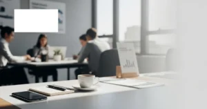 Mesa de escritório moderna com smartphone e materiais de trabalho, representando estratégia de presença digital local.
