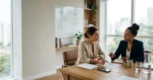 Duas pessoas em uma reunião de negócios consultiva em um escritório moderno.